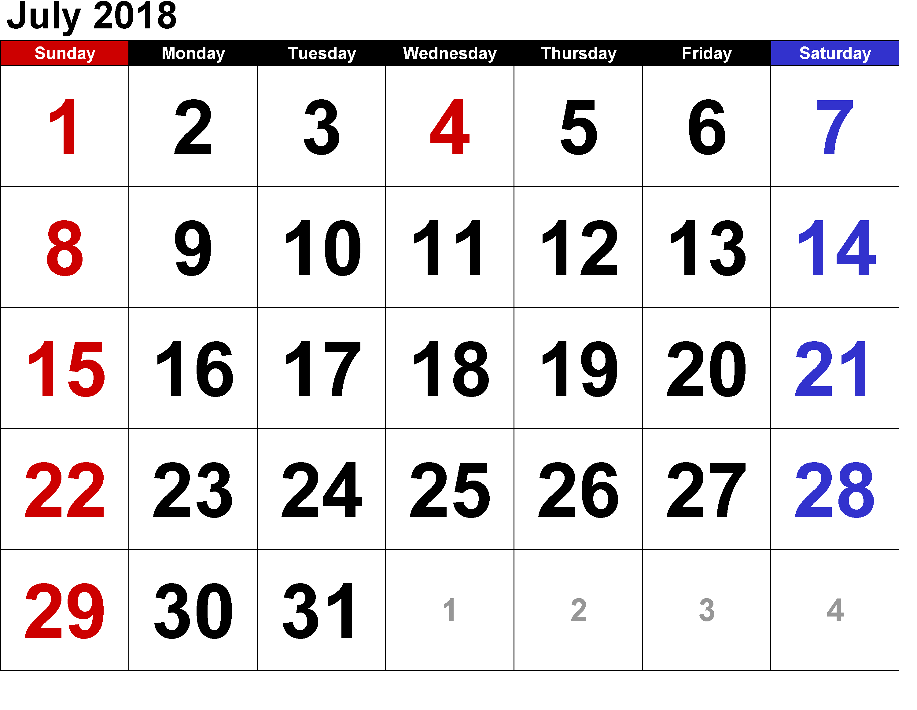 Printable Calendar July 2018 