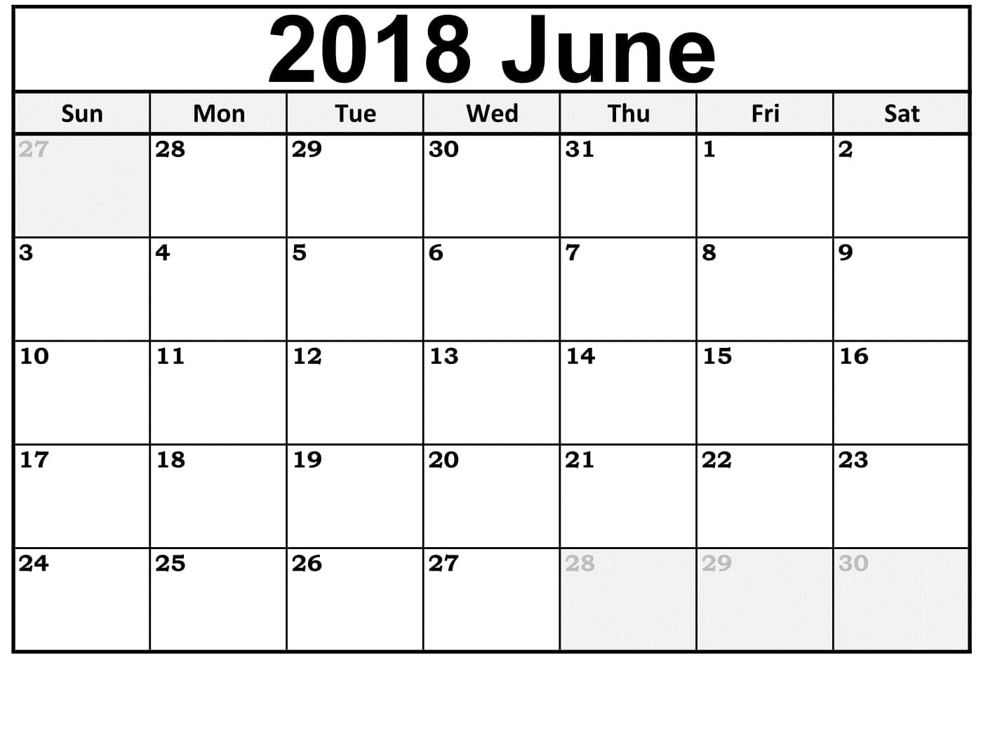 Printable Calendar June 2018 