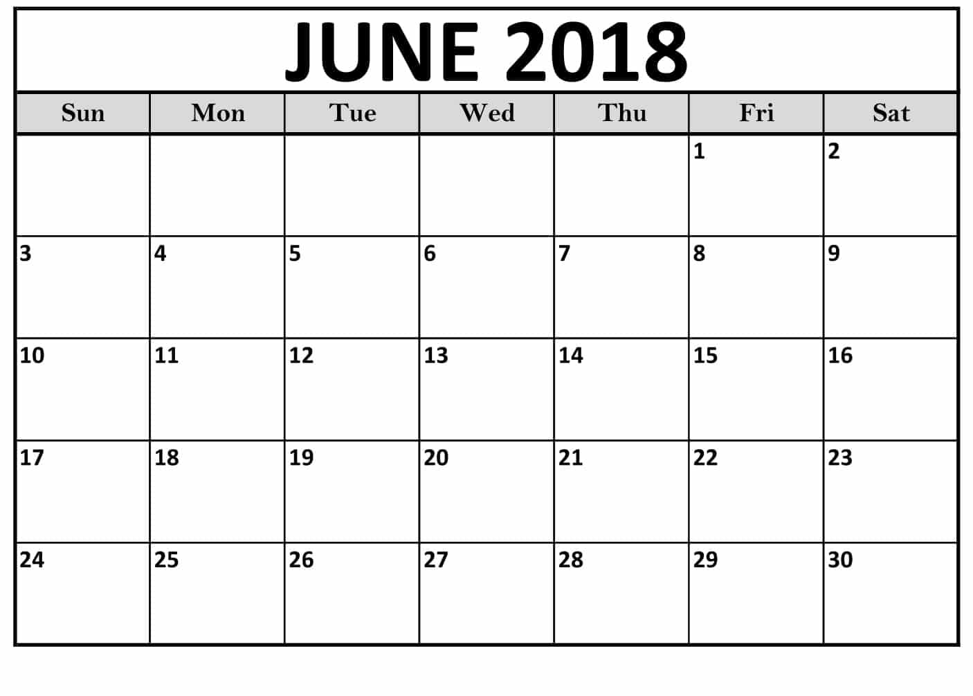 Printable Calendar June 2018 