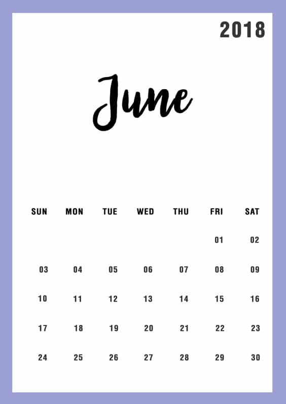 Printable June 2018 Calendar 