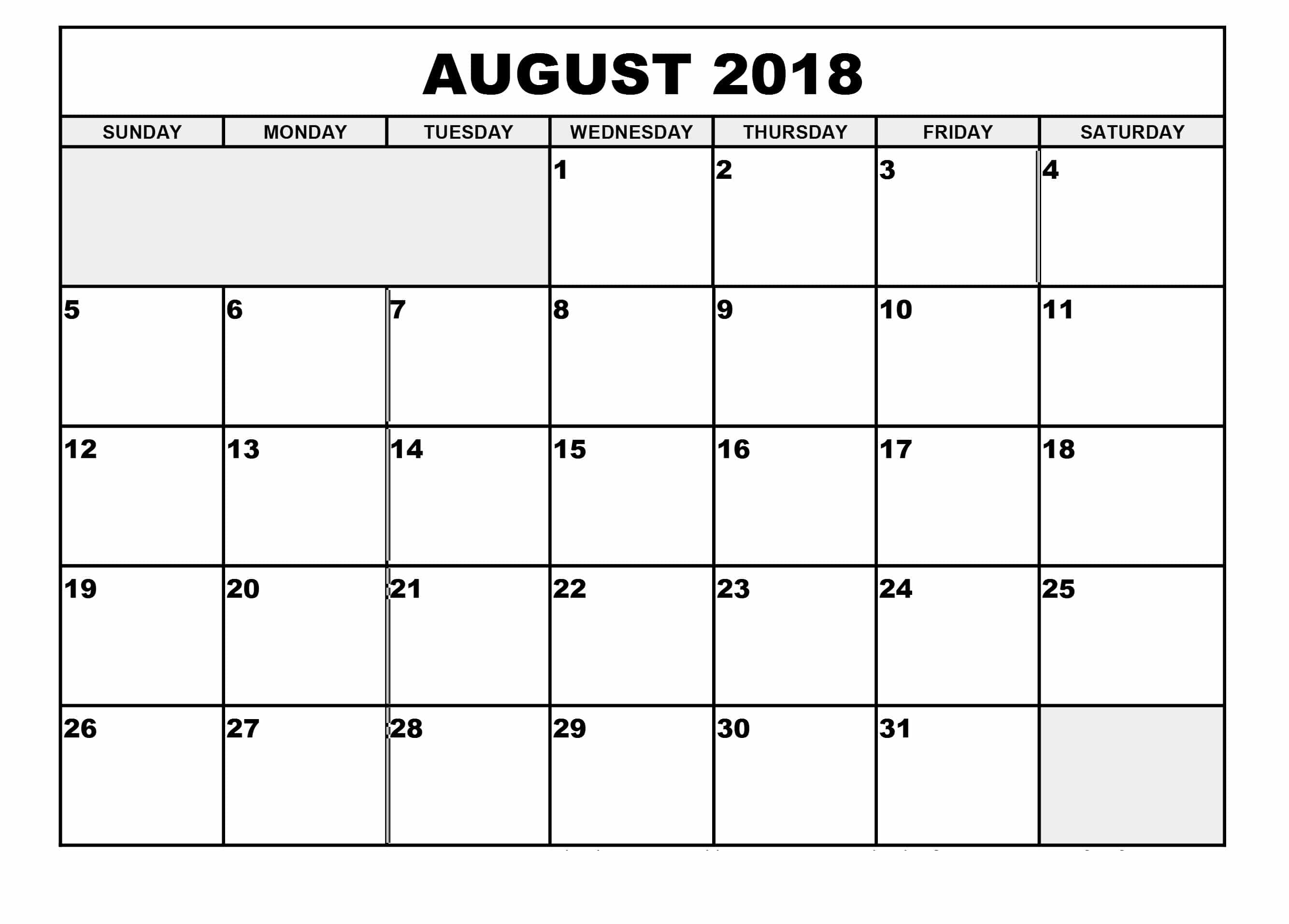 2018 August Calendar 