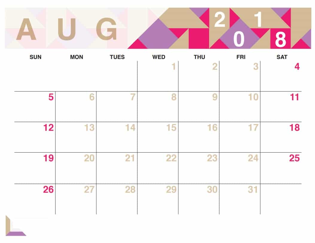 August Calendar 2018 