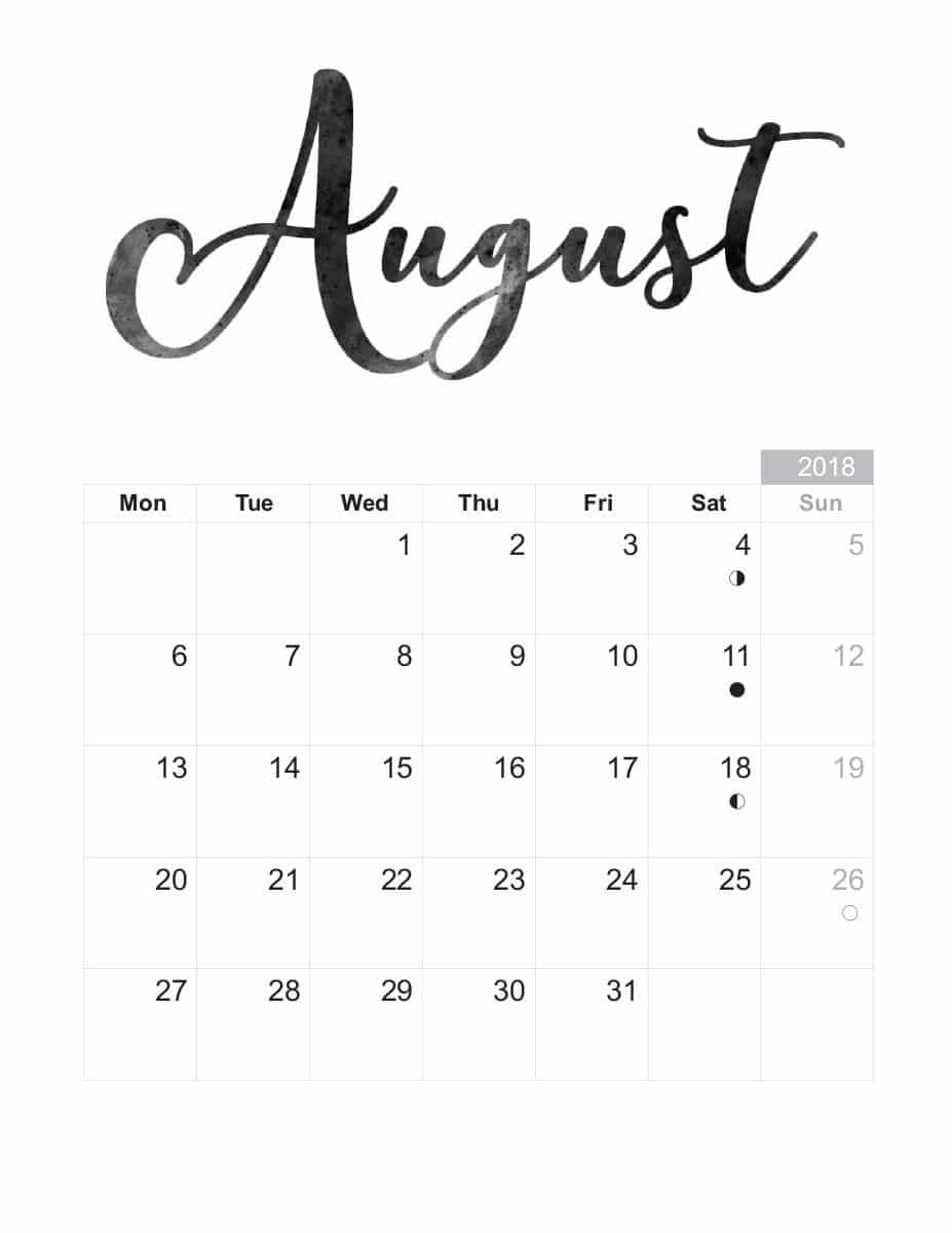 August Calendar 2018 