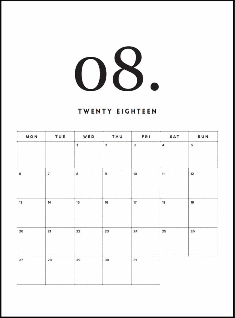 August Calendar 2018  Template