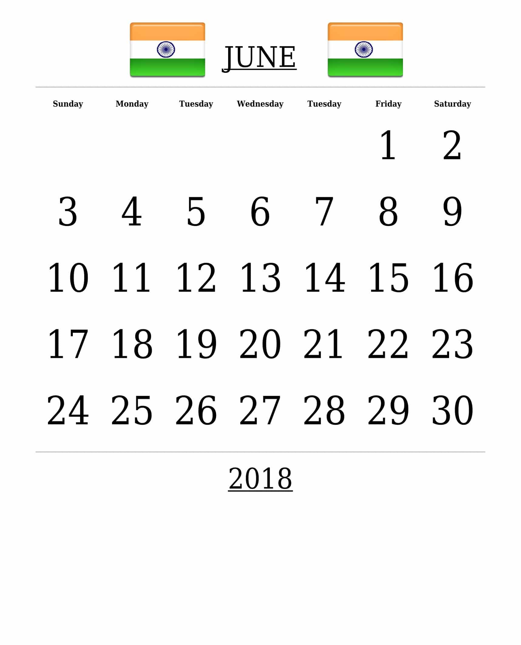  June 2018 Calendar India
