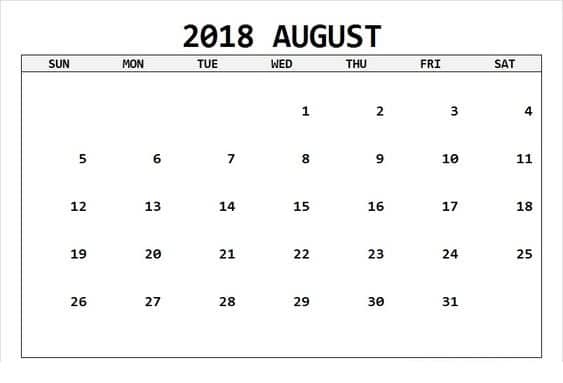  Printable August 2018 Calendar