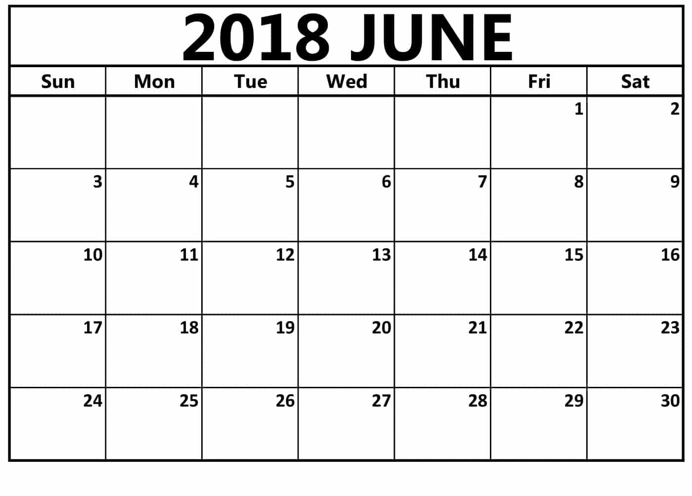 Calendar For June 2018