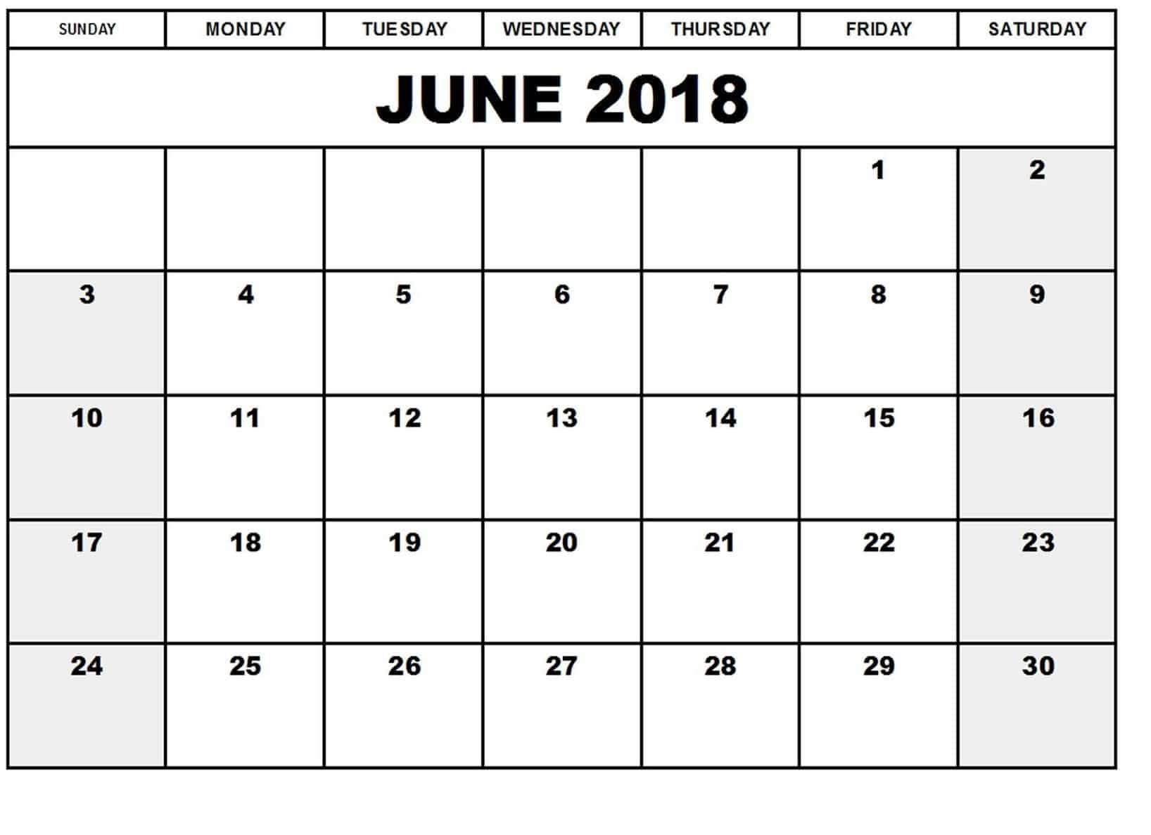 Calendar For June 2018