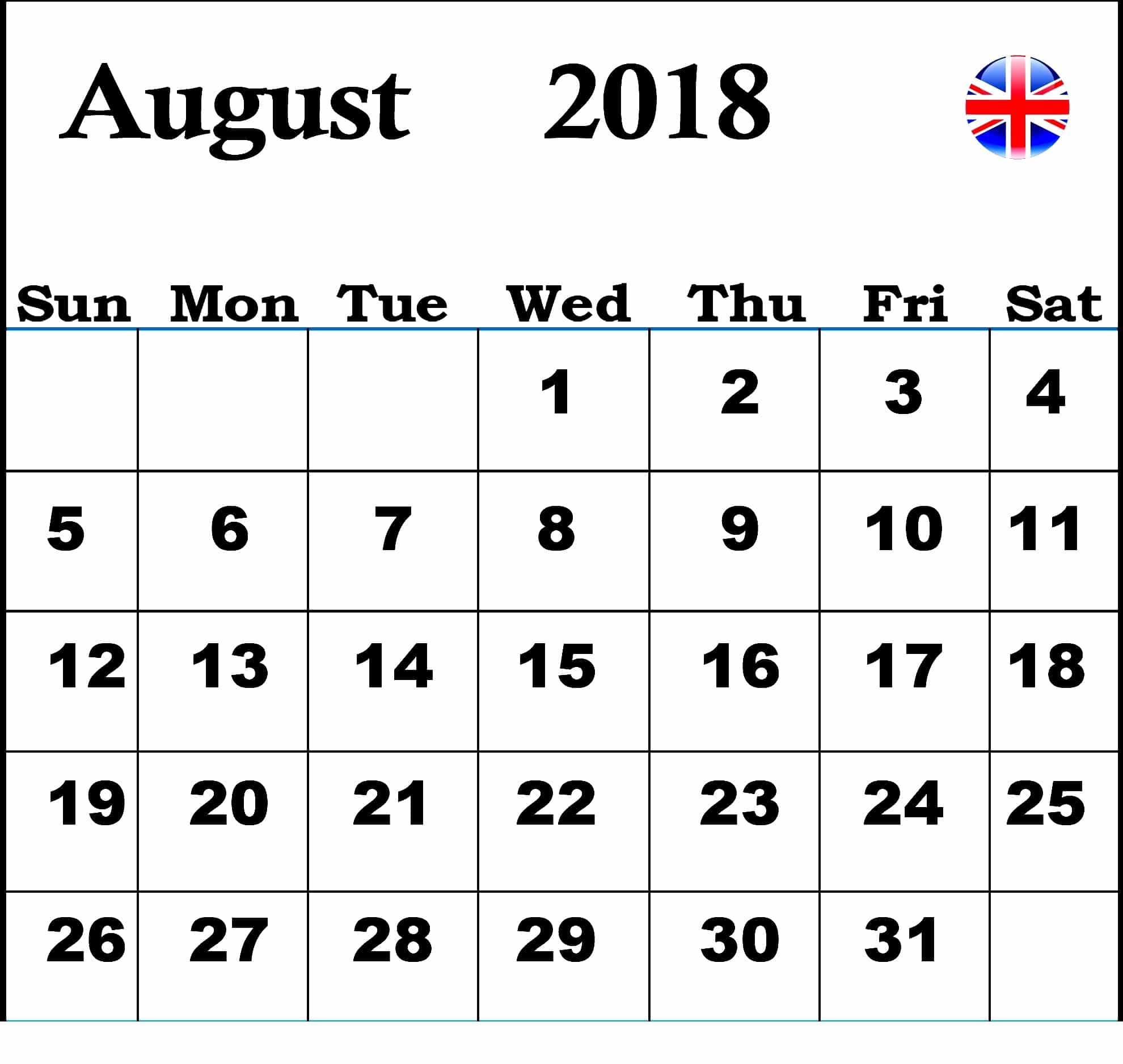  Printable August 2018 Calendar