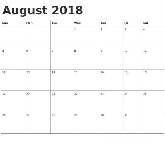  Printable August 2018 Calendar