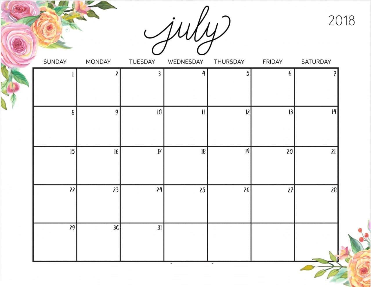 Free Printable Calendar July 2018
