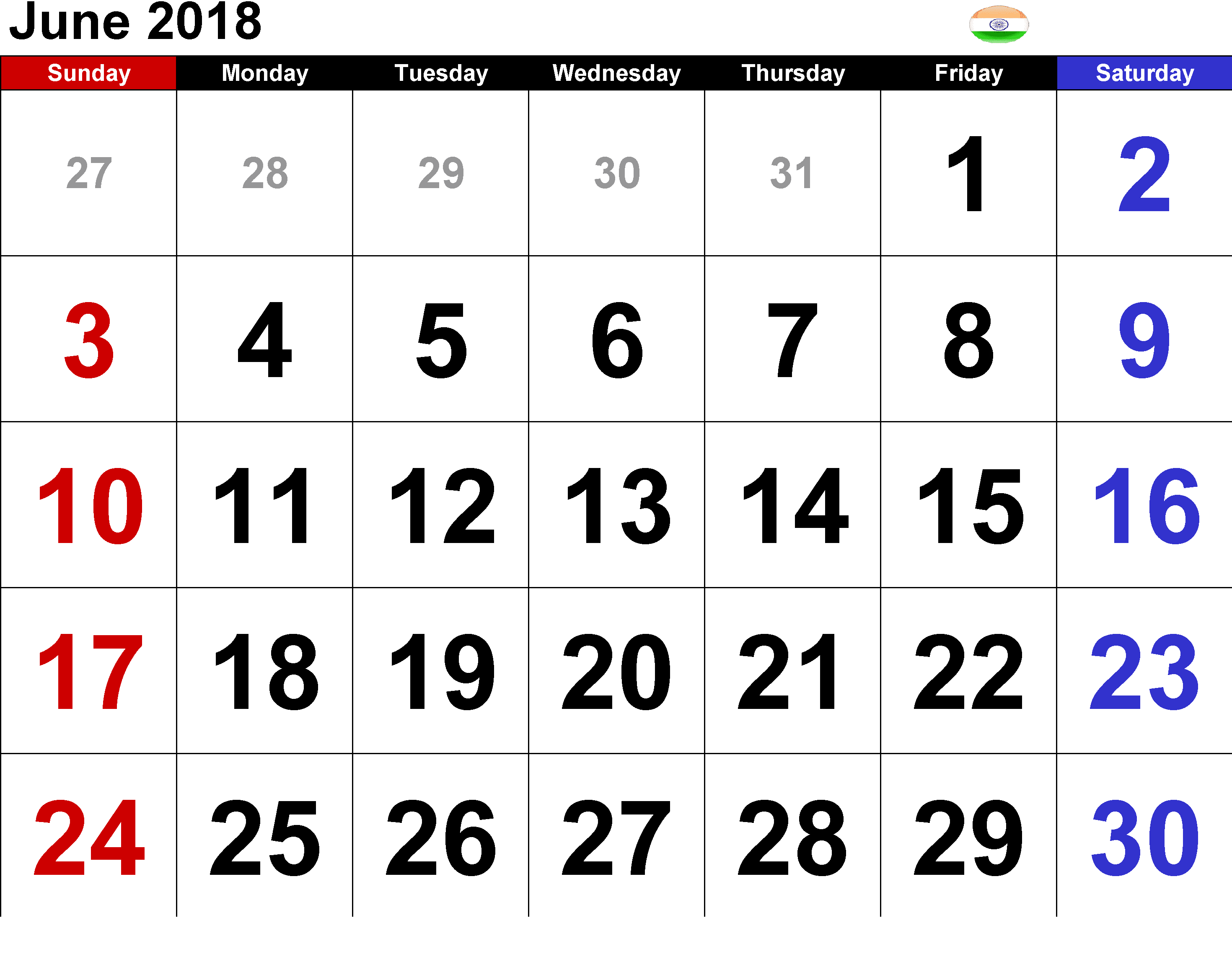  June 2018 Calendar India