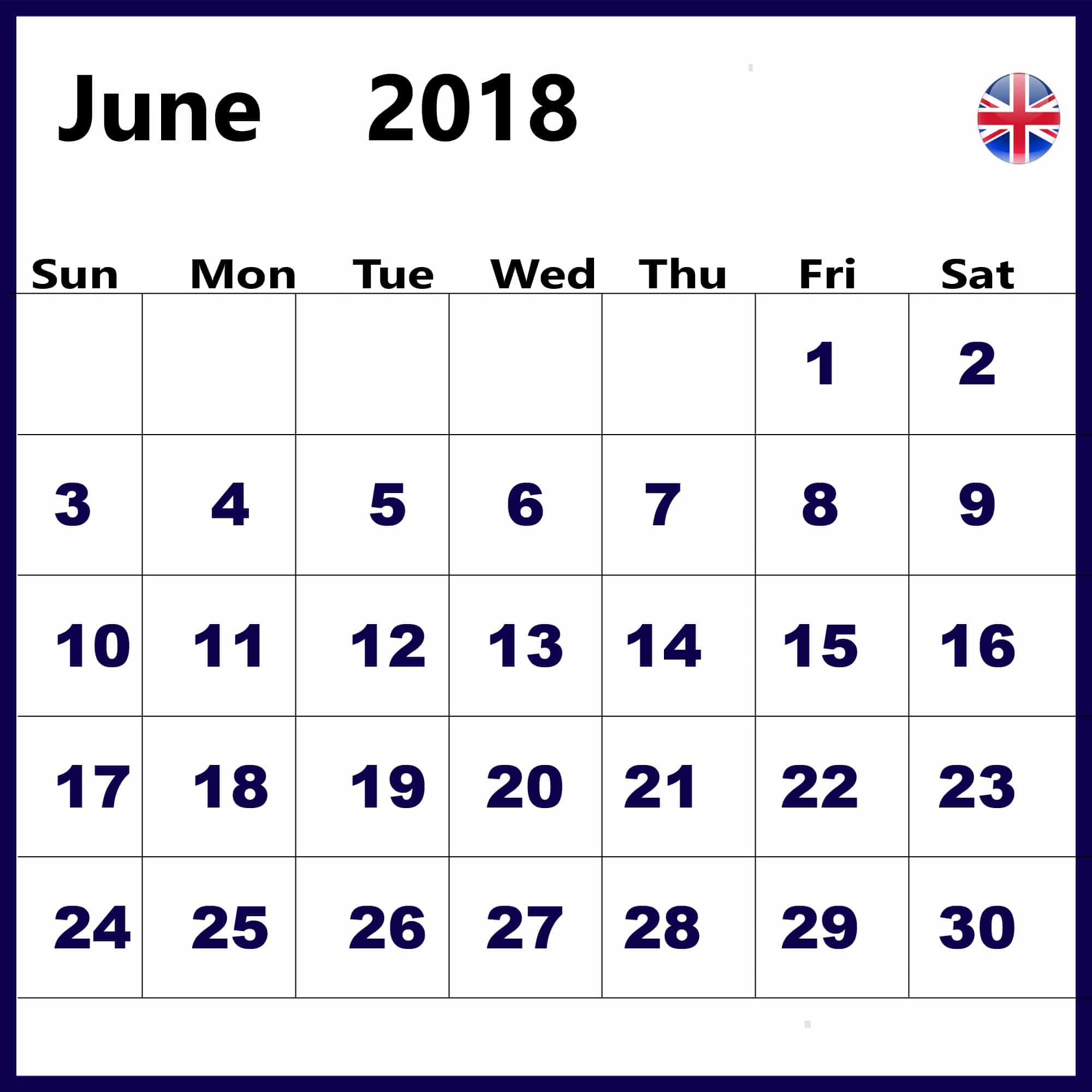June 2018 Calendar Uk 