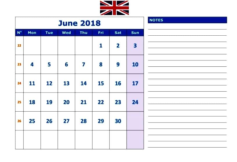 June 2018 Calendar Uk 