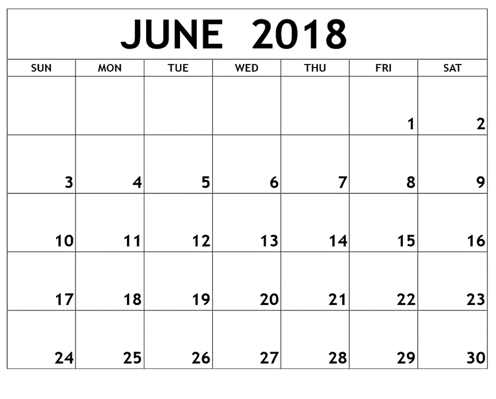 June Calendar For 2018