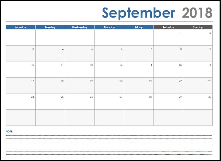  Printable September 2018 Calendar