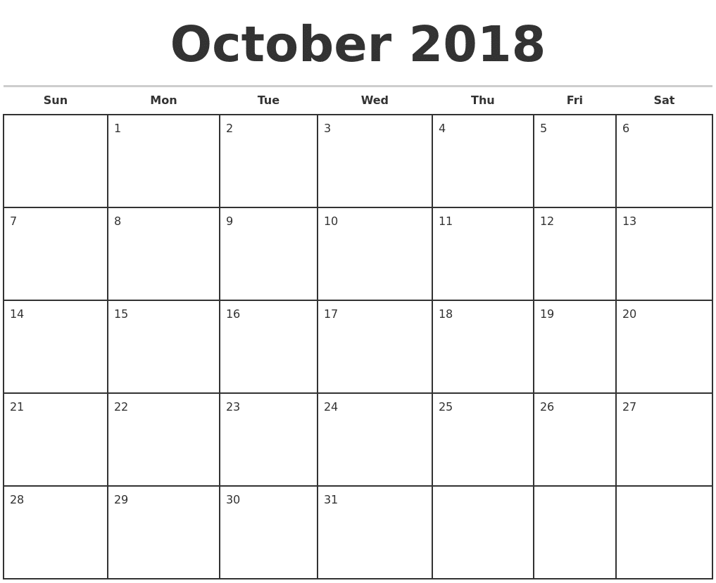 October 2018 Calendar Printable