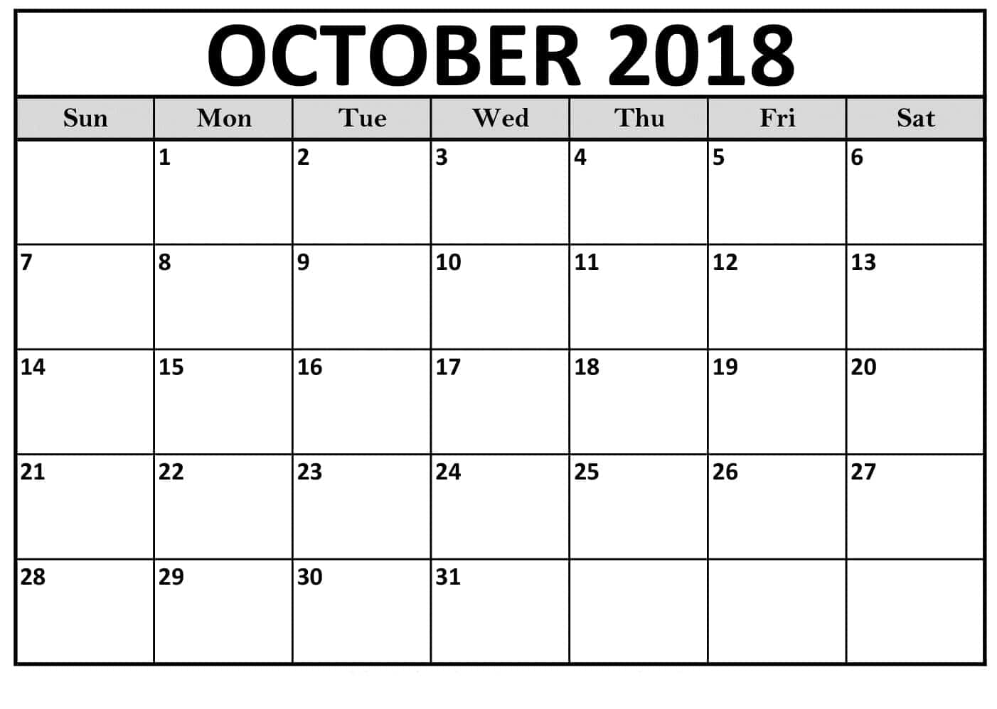 October 2018 Calendar Excel Template