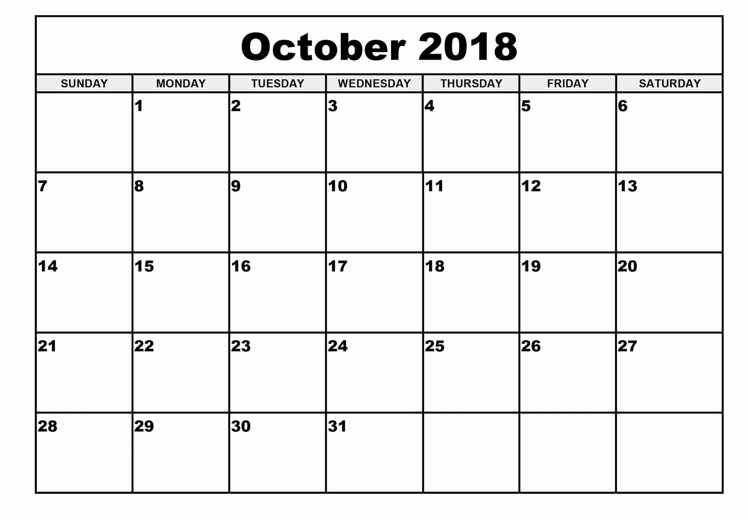 October 2018 Calendar Printable