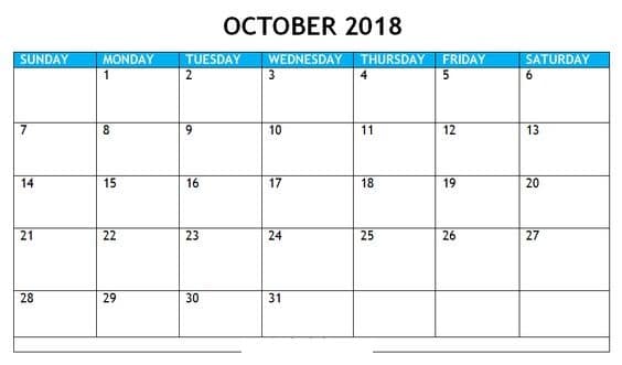 October 2018 Calendar  Templates