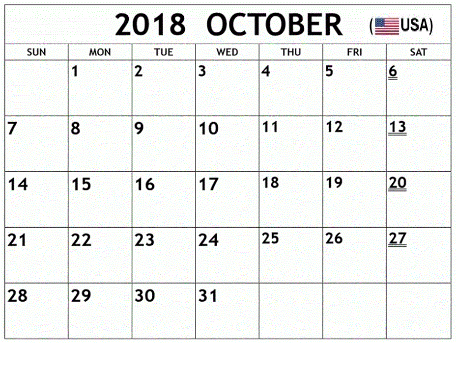 October 2018 Calendar  Templates