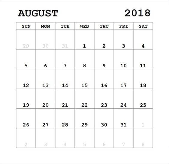  Printable August 2018 Calendar