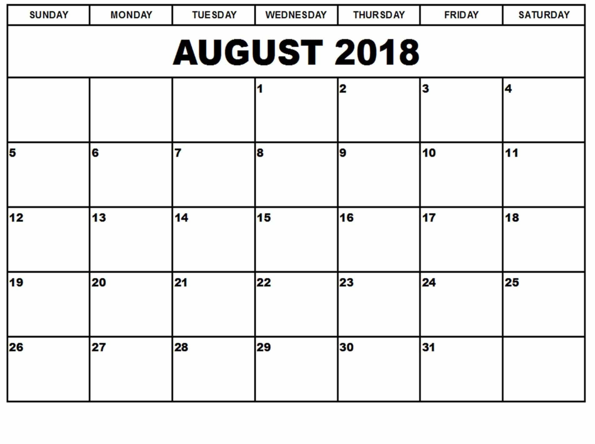  Printable August 2018 Calendar