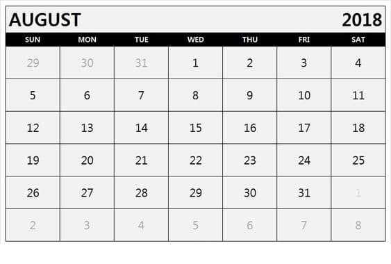  Printable August 2018 Calendar