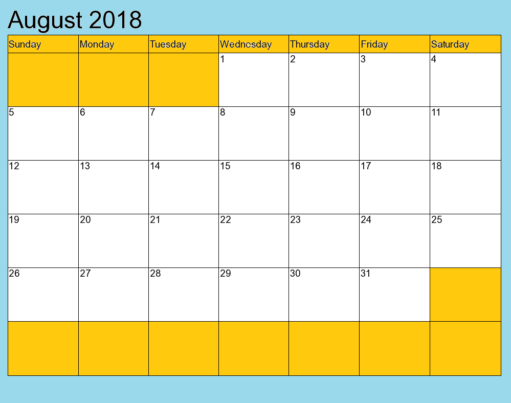  Printable August 2018 Calendar