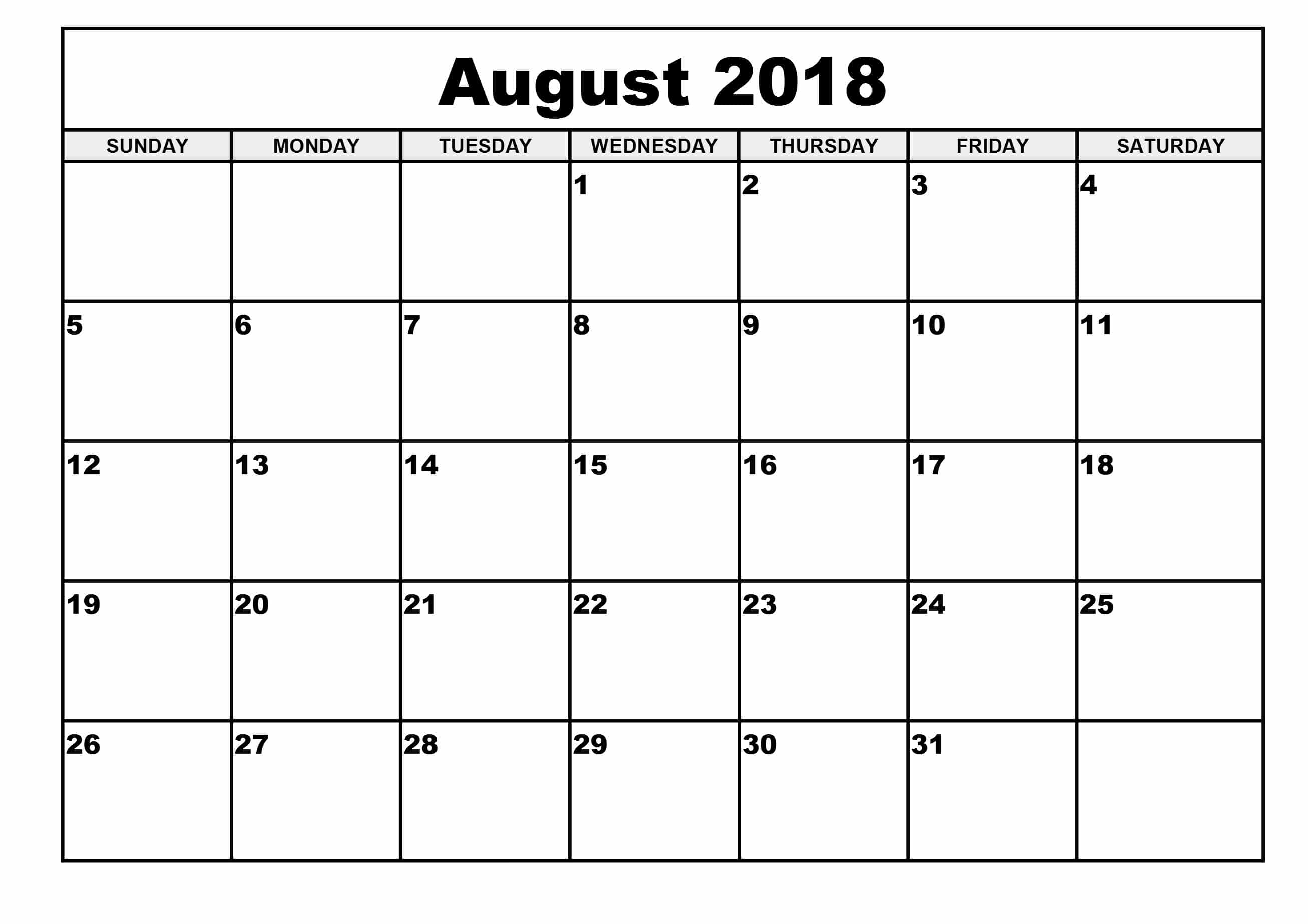  Printable August 2018 Calendar