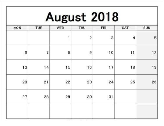  Printable August 2018 Calendar