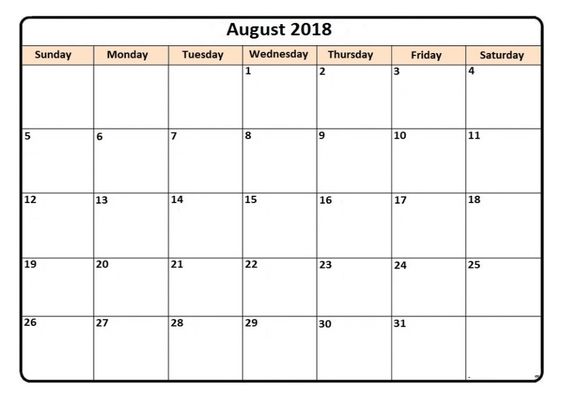  Printable August 2018 Calendar