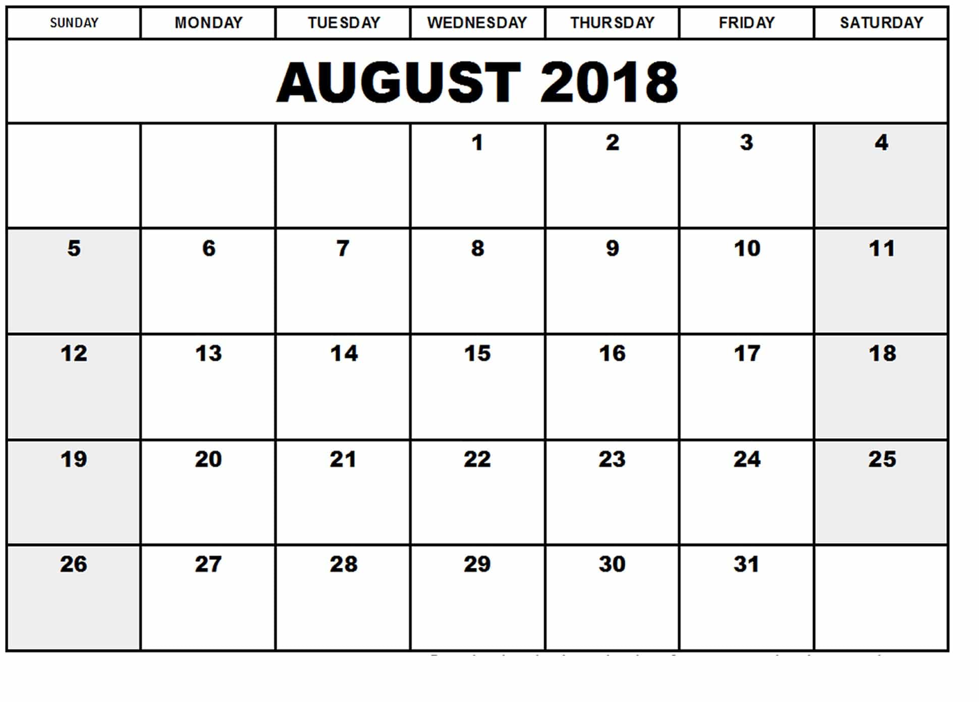 Blank Printable Calendar August 2018