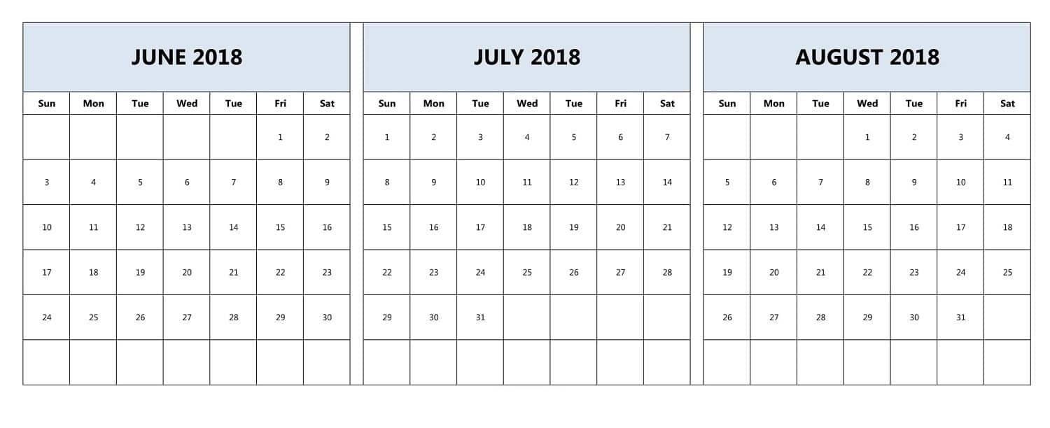 June July August 2018 Calendar