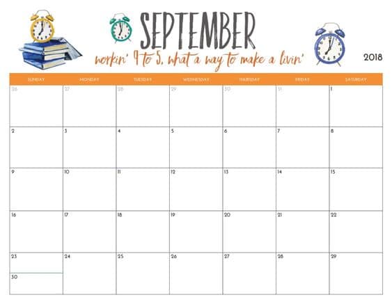September 2018 Calendar Printable 