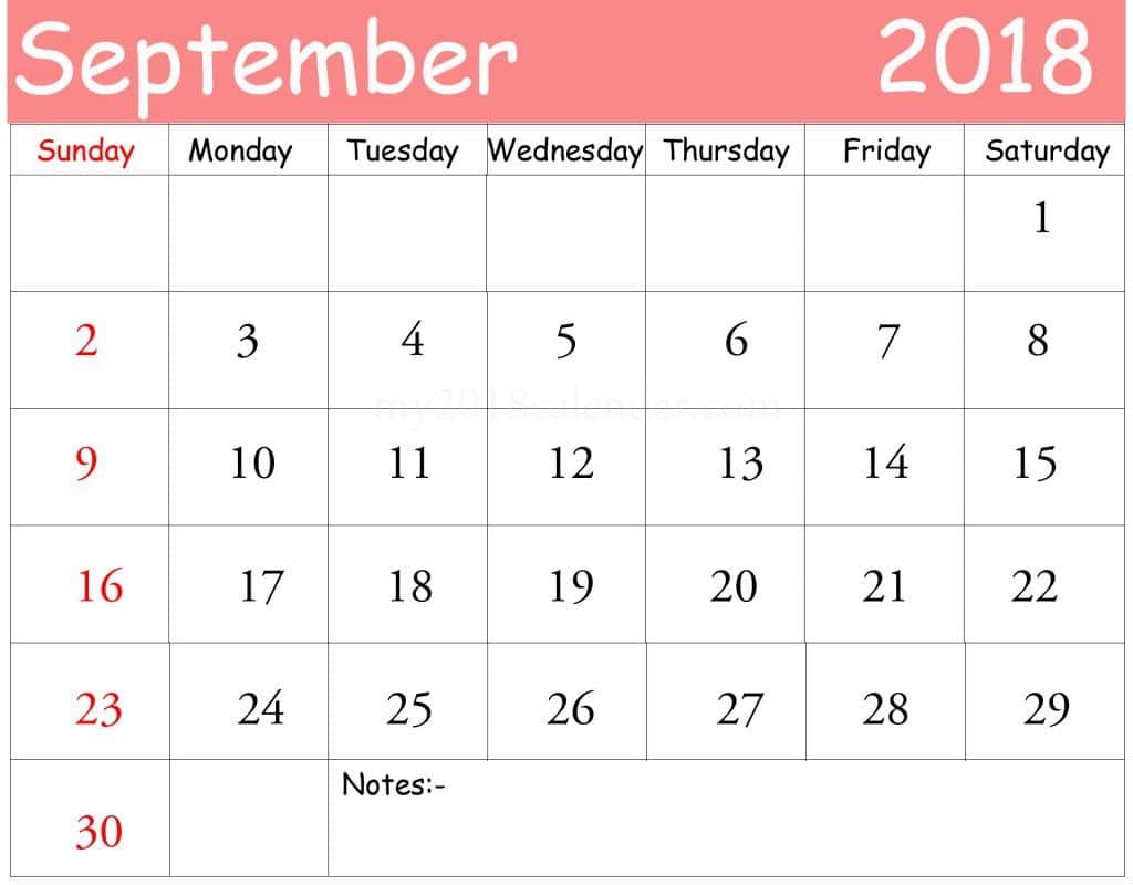 September 2018 Printable Calendar 