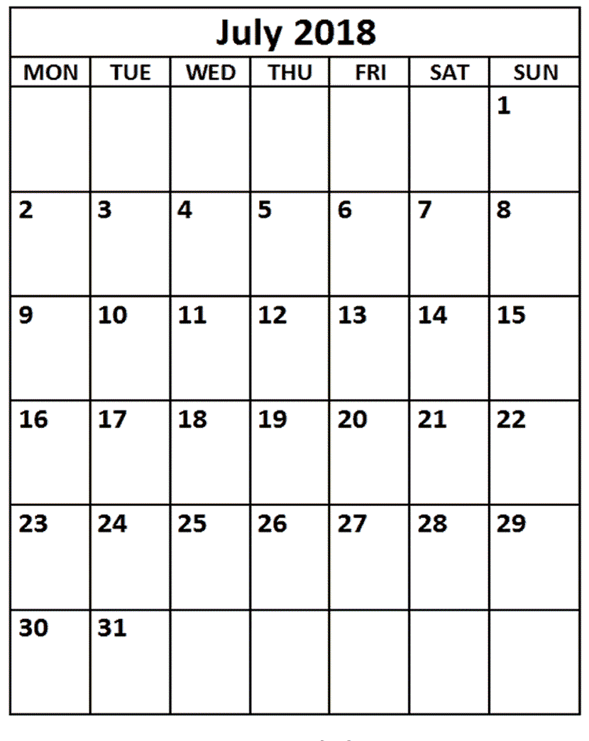 July Calendar For 2018