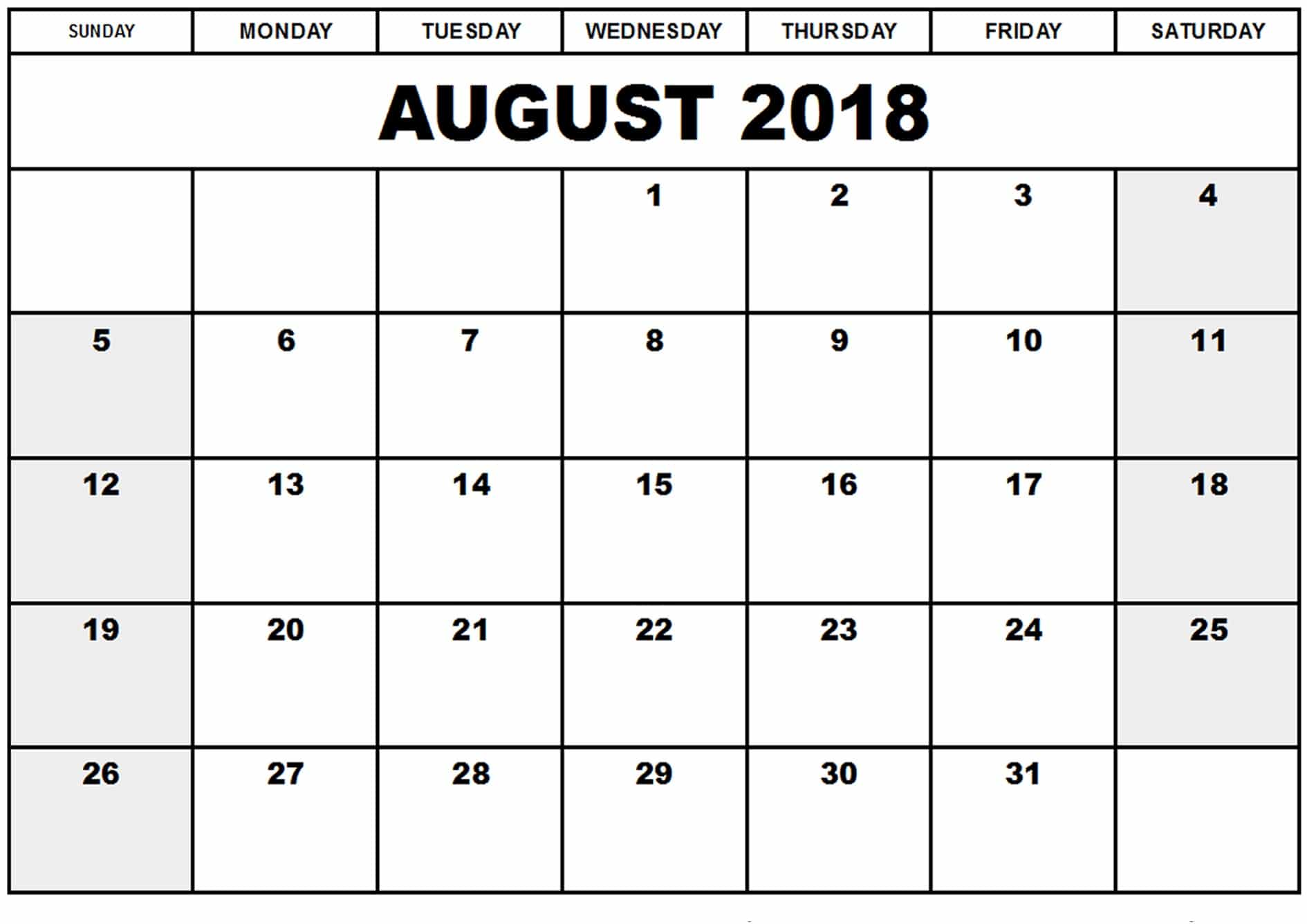 August 2018 Monthly Calendar