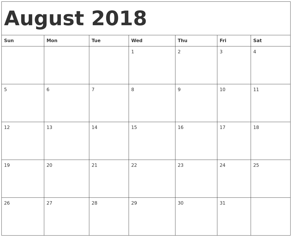August 2018 Monthly Calendar