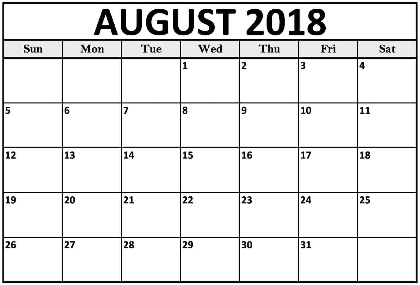 August Calendar 2018 Printable