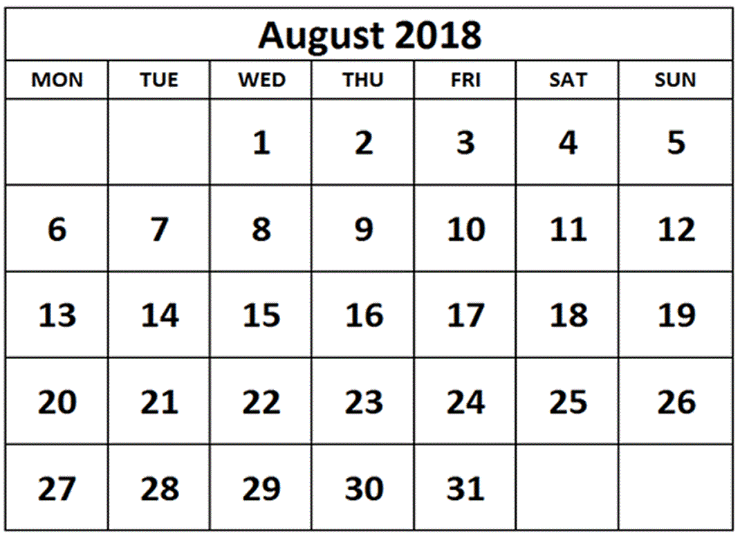 August Calendar 2018 Printable