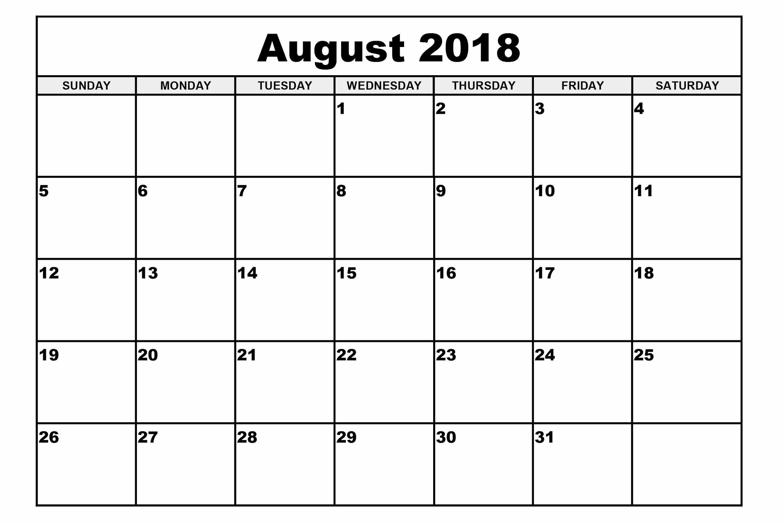 August Calendar 2018 Template