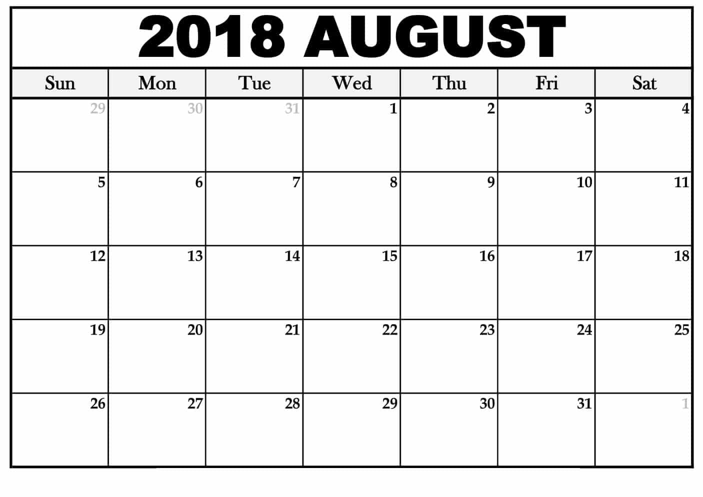 August Calendar 2018 Template