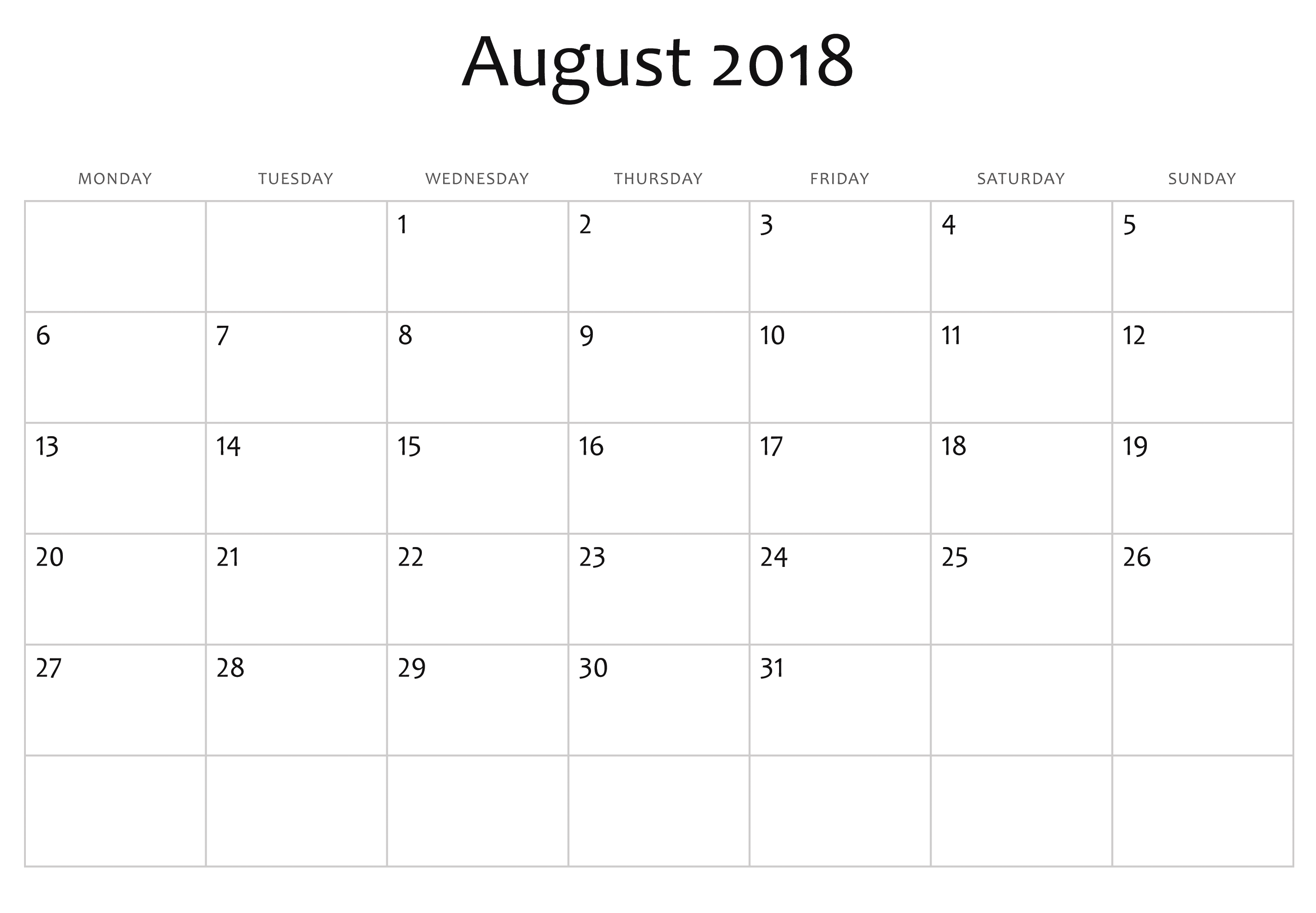 Blank Calendar August 2018