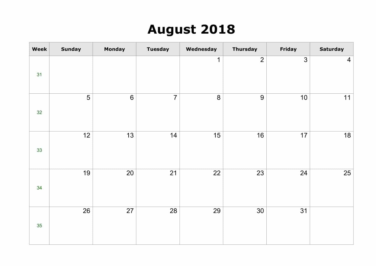 Blank Calendar August 2018 Editable Template Oppidan Library