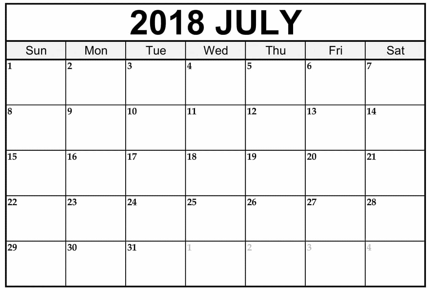 Calendar For July 2018
