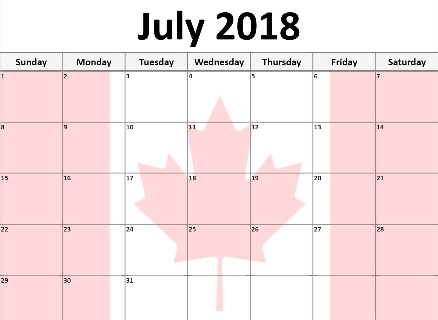  July 2018 Calendar Canada Free Printable Template Oppidan Library