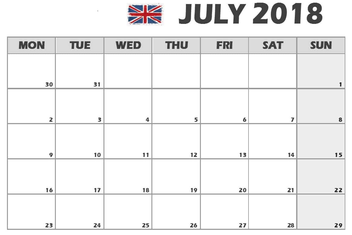 July 2018 Calendar UK