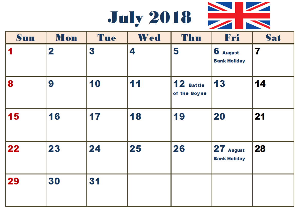 July 2018 Calendar UK