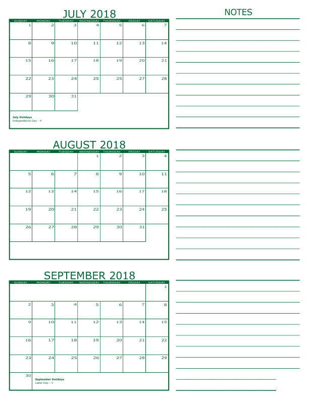 July August September 2018 Calendar 
